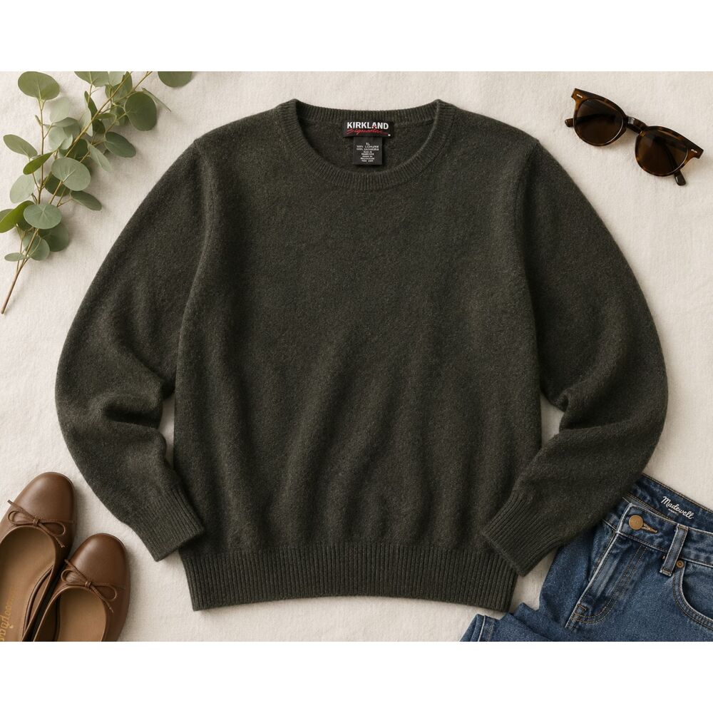 Kirkland Signature 100% Cashmere Sweater Womens XL Dark Olive Green Crewneck